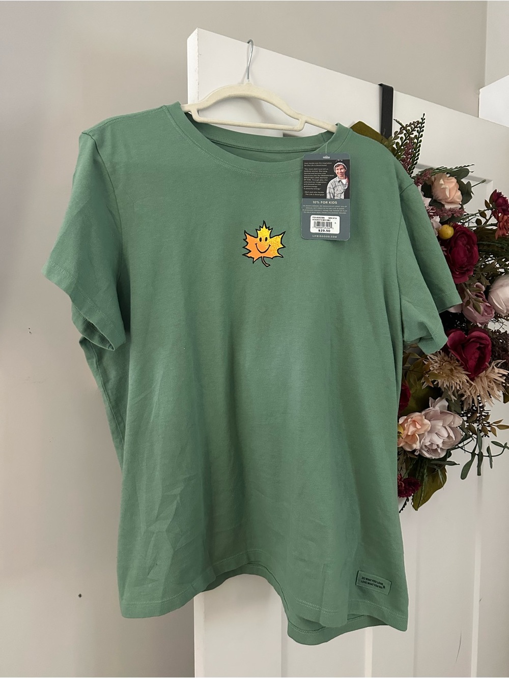 Life Is Good Green Maple Smile T-Shirt with Yellow Leaf Graphic